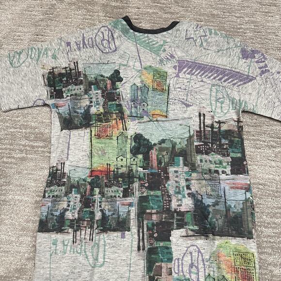 Iroah Dress Womens XS Gray Cityscape Graphic T Shirt Midi Pockets Art Print USA - Picture 7 of 13